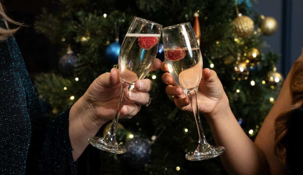 Toasting with a glass of fizz in front of the Christmas tree
